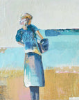 Abstract painting of a person holding a hat against a textured background
