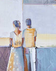 Abstract painting of two figures standing close together with a neutral background