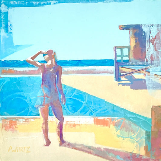 This acrylic painting on panel uses sharp graphic shapes to guide the viewer through this small but powerful painting. With layers of pattern and glazed paint the figure stands alone on the beach encompassed by bright colors of a warm summer day.