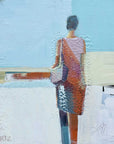 Abstract artwork of a person wearing a patterned dress with a blue and white background