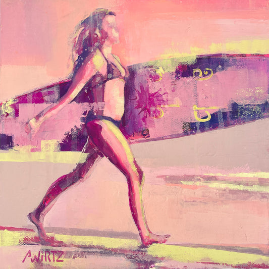 A bright and vibrant acrylic painting on canvas with a fun and playful vibe. A girl walking with the surfboard to find the next set of waves or friends to hang out with. The painting wraps on to the edge of the canvas for a full continuation of the artwork.