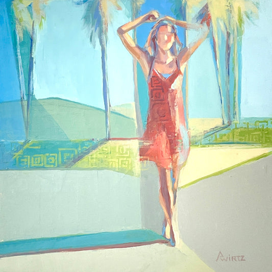 A captivating abstract acrylic painting depicting the laid back California lifestyle with a female figure walking on the beach in a red dress.