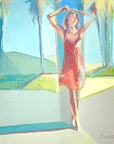 A captivating abstract acrylic painting depicting the laid back California lifestyle with a female figure walking on the beach in a red dress.