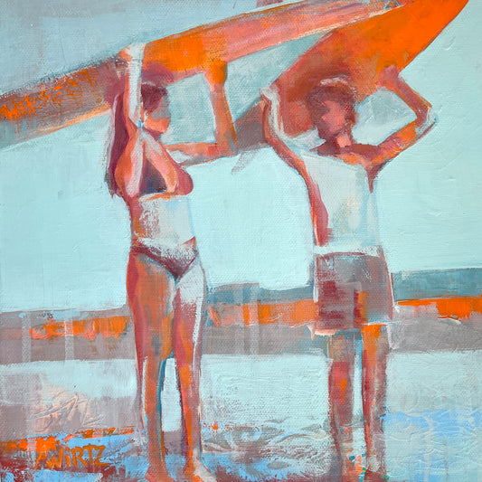 A bright and vibrant acrylic painting on canvas depicting a casual conversation between surfers. This contemporary abstract painting has thick textures of patterns and scrapes adding depth and dimension to this artwork. The painting wraps on to the edge of the canvas for a full continuation of the artwork.