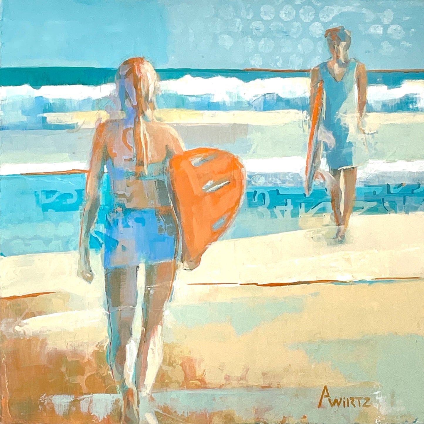 A contemporary acrylic painting on canvas  that explores the surfers’ desire to catch the perfect wave in sunny California.The energetic brushstrokes and various textures bring life and vibrance to this beach scene. Patterns appear within the sets of waves providing a playful vibe balanced with sophisticated neutrals.