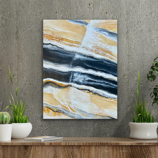 Zion is a dimensional work of art of acrylic on panel that embodies the strength and beauty of the natural stones that form throughout nature. This painting has hidden messages, layered texture between the contrasting golden hues and deep rich black that reveal the true nature of polished stone.
