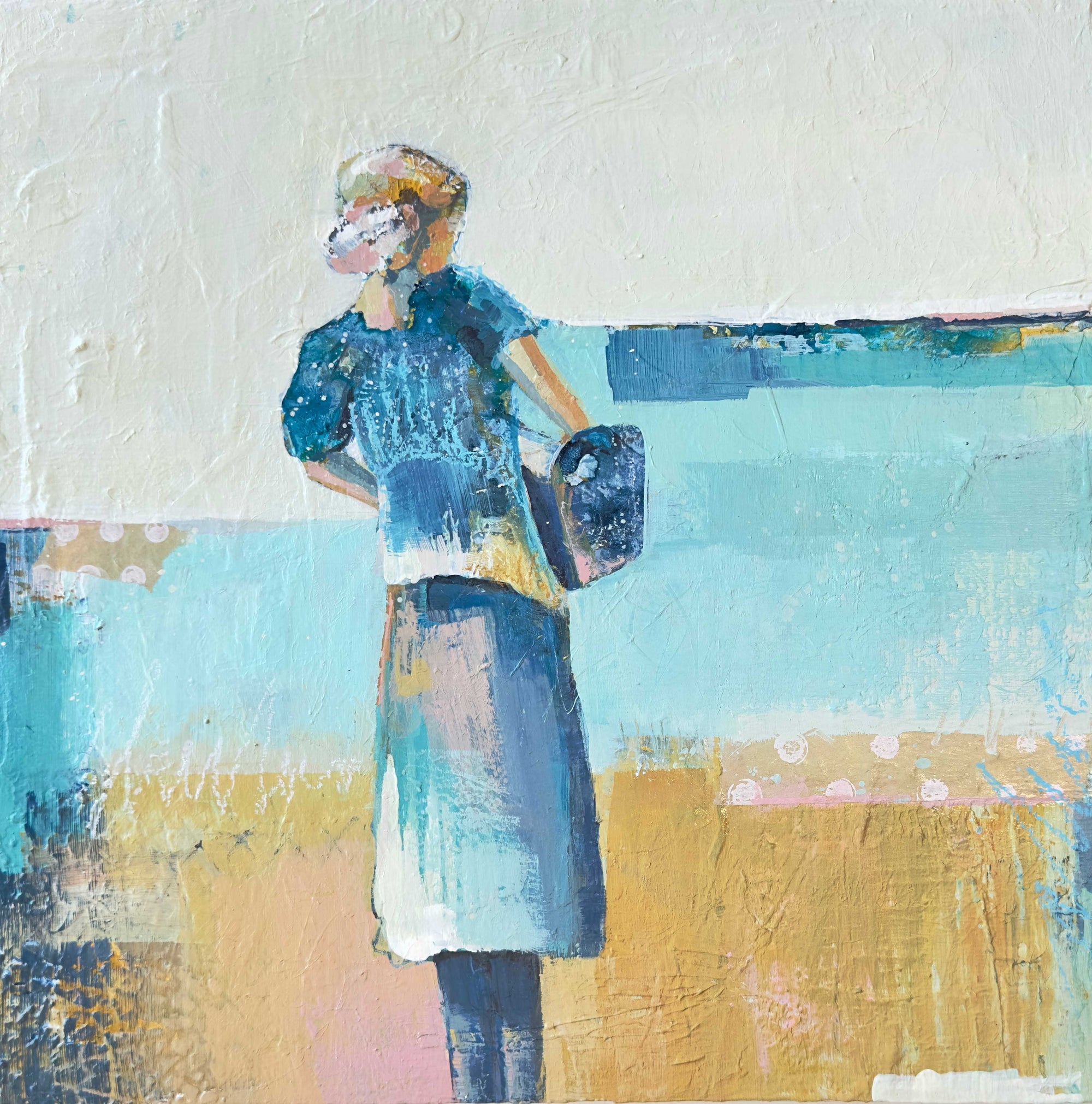 Abstract painting of a person holding a hat against a textured background