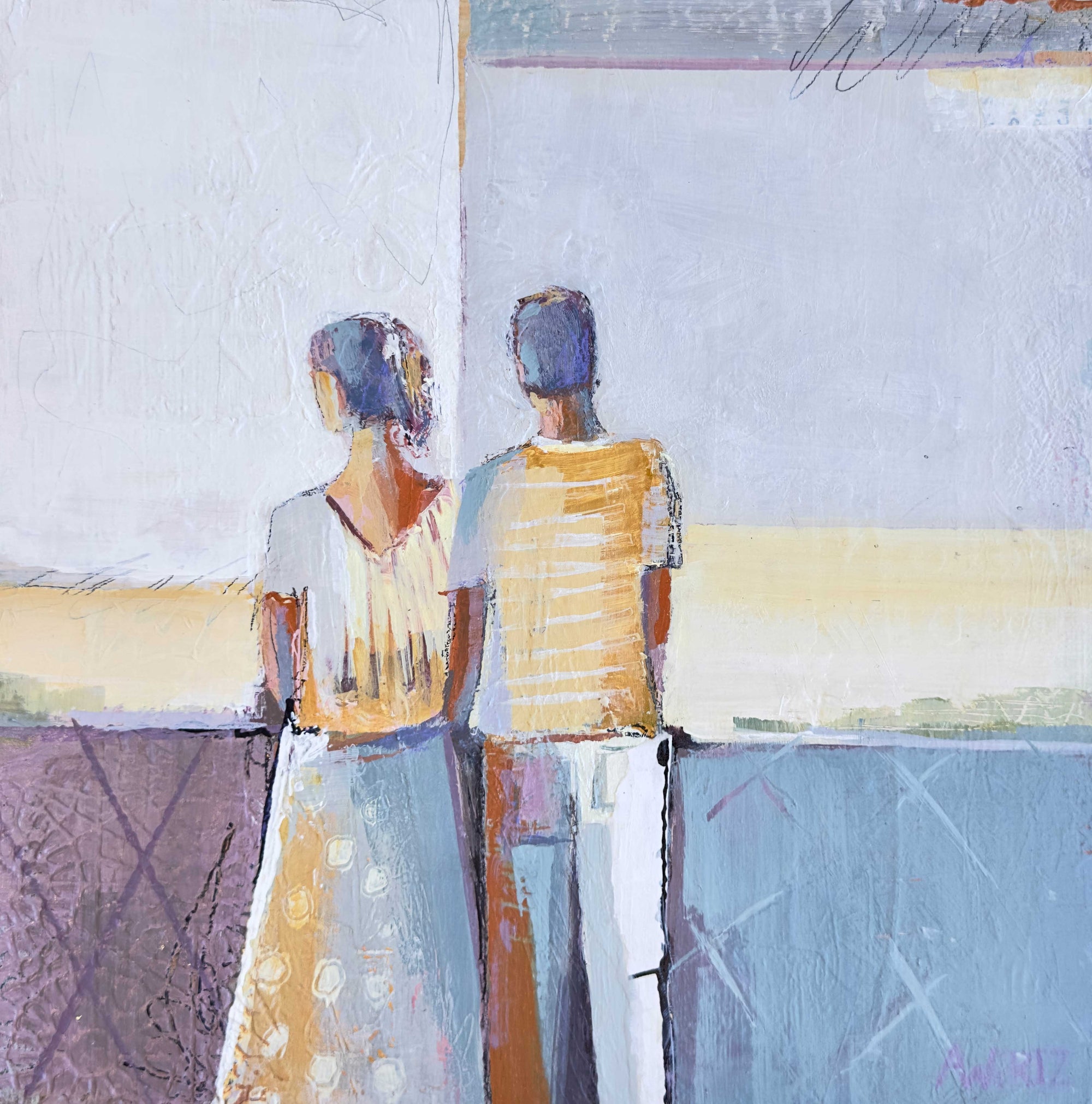 Abstract painting of two figures standing close together with a neutral background