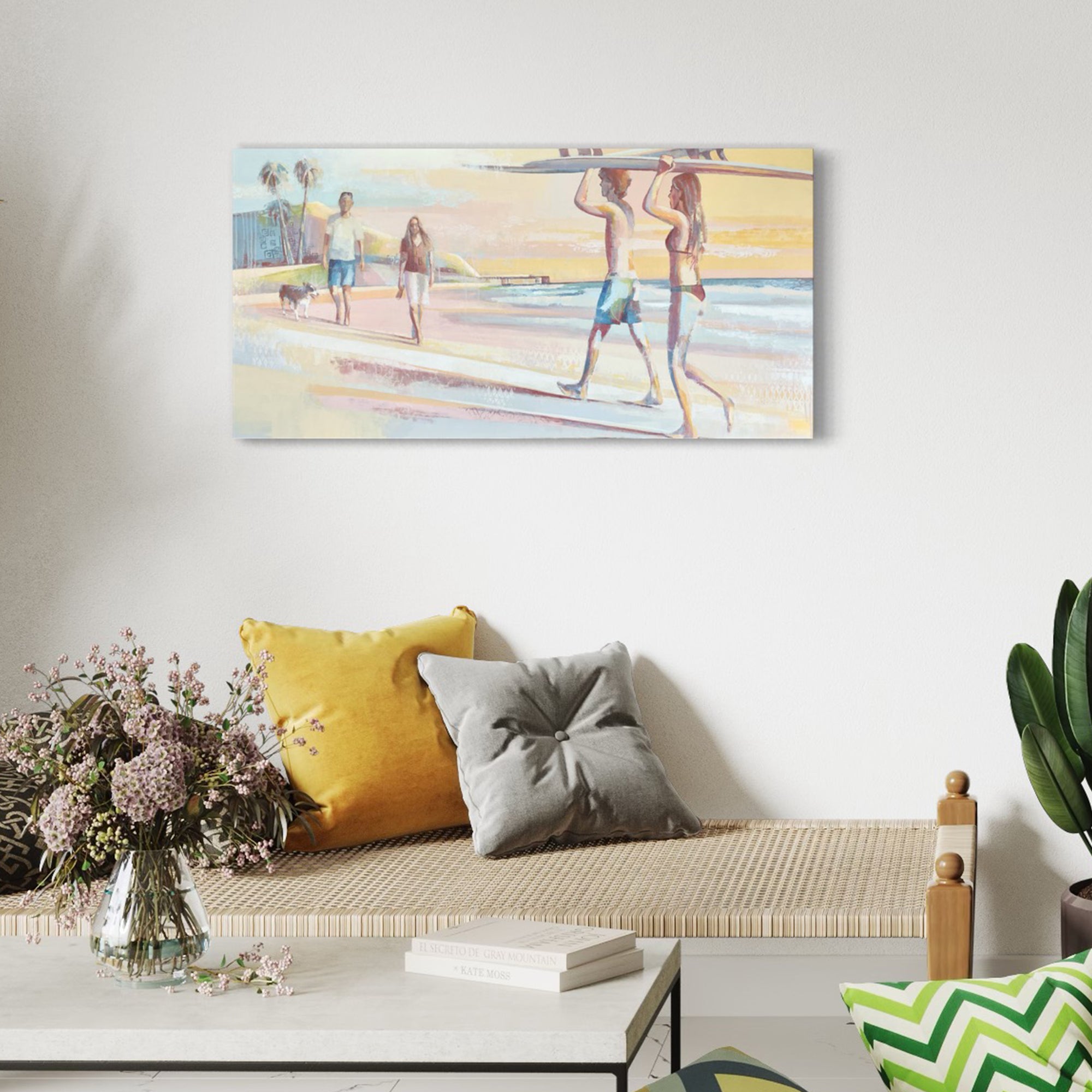 A commissioned acrylic painting on canvas portrays this family and their love of the Southern California beaches, Santa Barbara, and specifically Haskell's Beach. The soft light of the afternoon gives a peaceful feeling with using muted jewel tones of aquamarine blues, garnet reds and emerald greens.