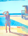 This acrylic painting on panel uses sharp graphic shapes to guide the viewer through this small but powerful painting. With layers of pattern and glazed paint the figure stands alone on the beach encompassed by bright colors of a warm summer day.