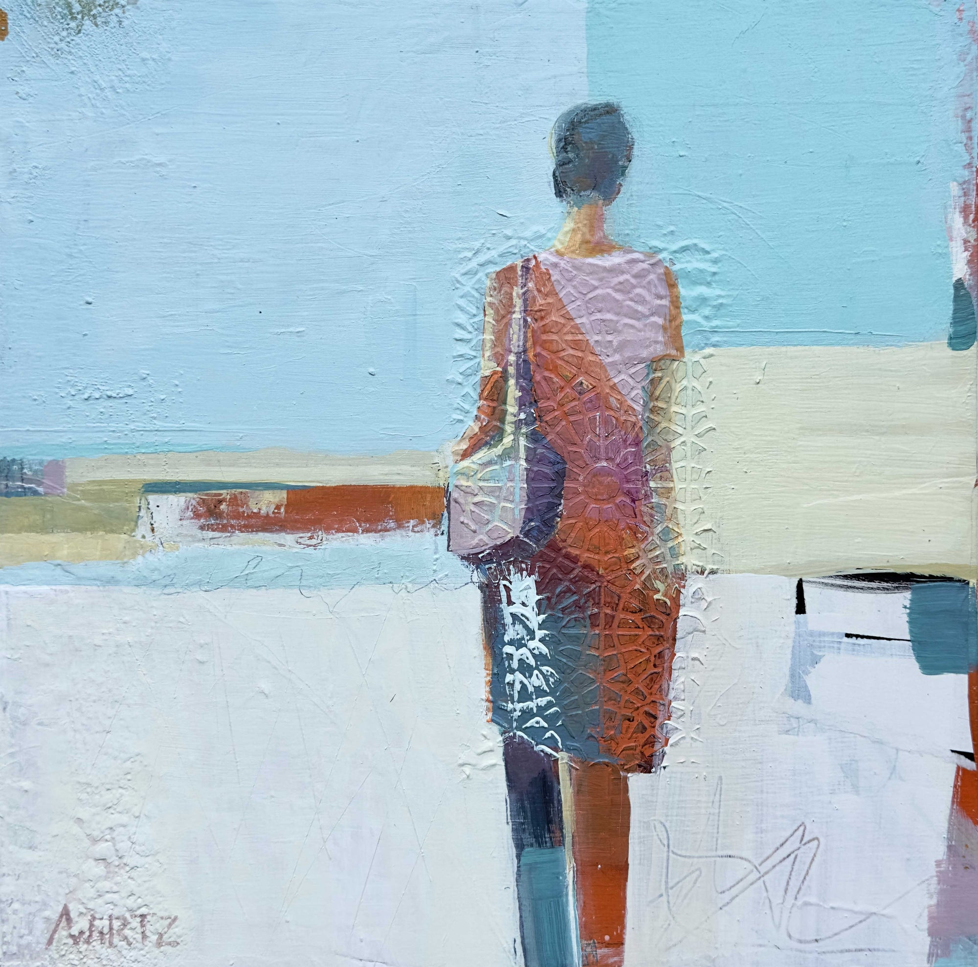 Abstract artwork of a person wearing a patterned dress with a blue and white background