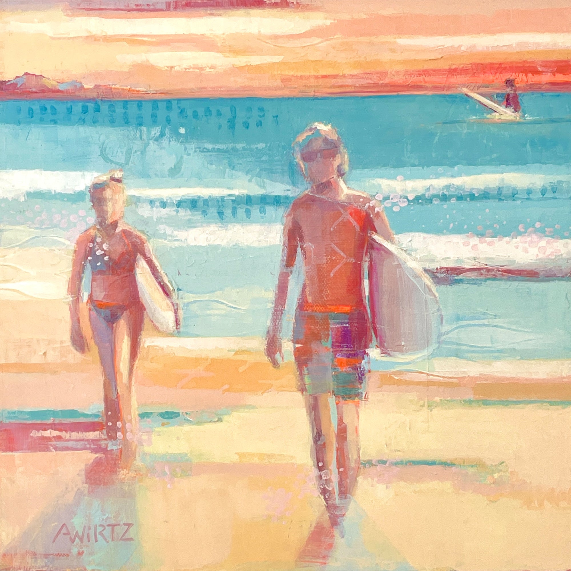 A bright and contemporary acrylic painting on canvas. This painting perfectly describes the end of a surf day. Layered with bright beachy colors with rich textures and patterns this small painting packs a punch and would brighten any space with fun California vibes.